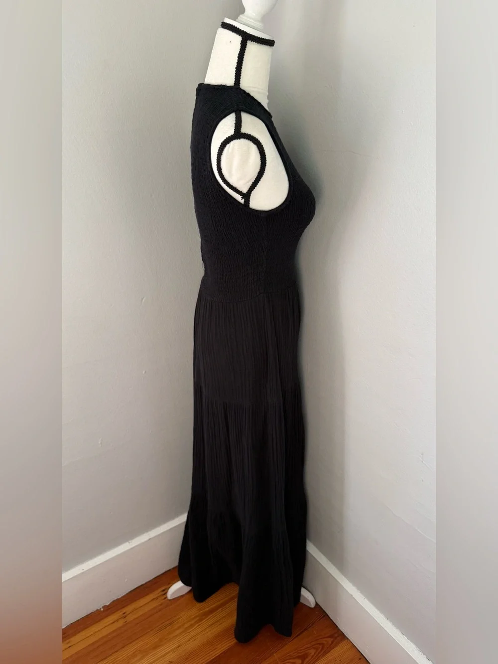 Calvin Klein Smocked Tiered Cotton Gauze Maxi Dress Black Size 2 Minimalist - Picture 5 of 8
